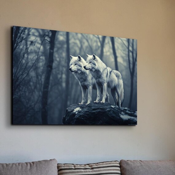 Two White Wolves Standing on Rock in Misty Blue Forest Poster