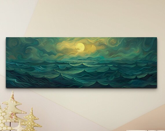 Full Moon Over Dark Sea with Swirling Clouds in Night Sky Poster