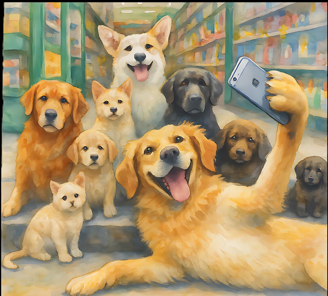 Puppy Selfie Squad Golden Retriever Dogs Fun Group Photo Poster