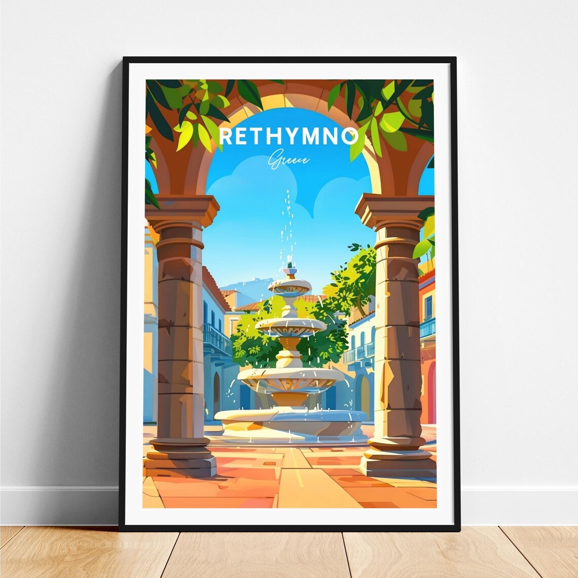 Rethymno Greece Old Town Fountain Arch Vintage Travel Poster