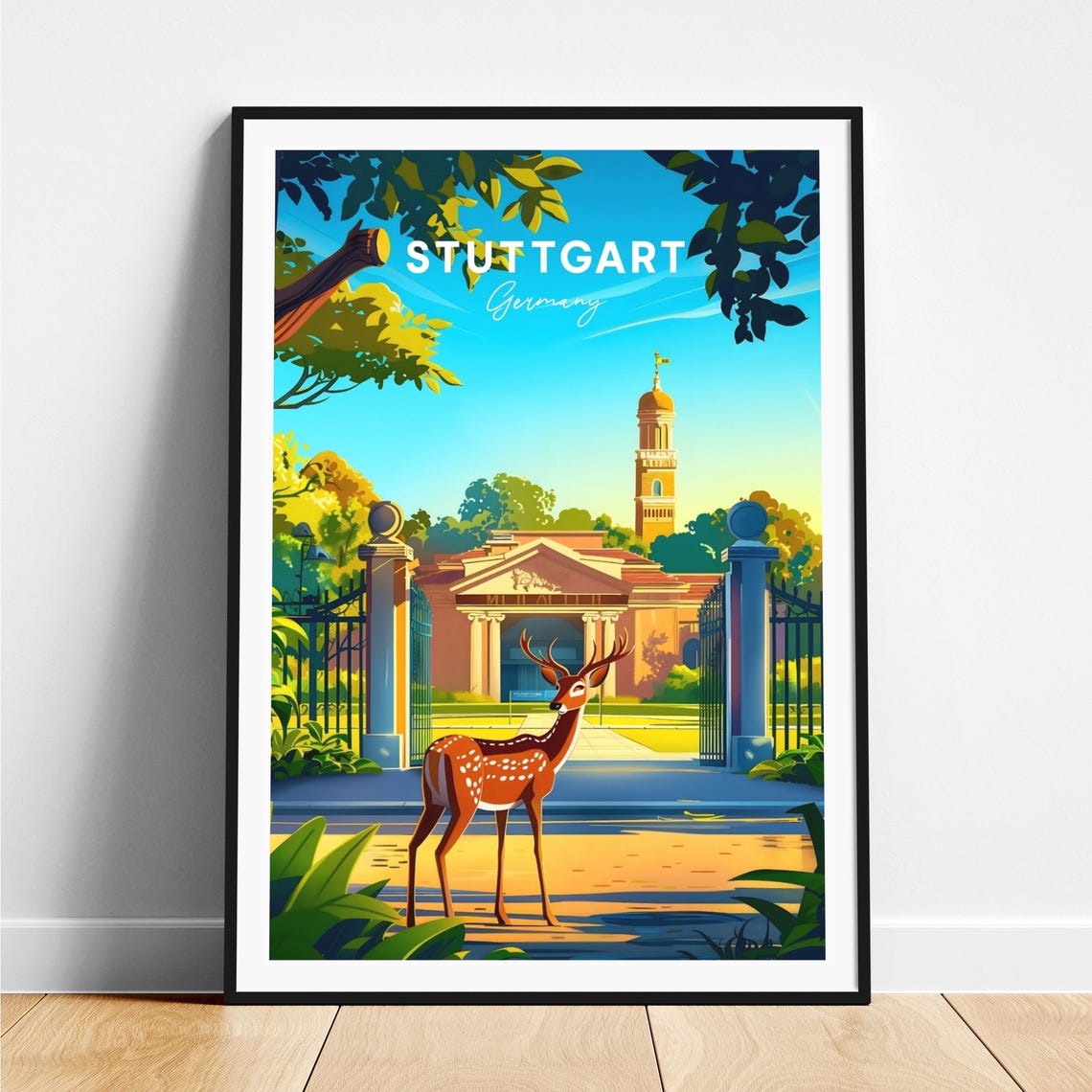 Stuttgart Park Gate Deer Historic Building Germany Travel Poster