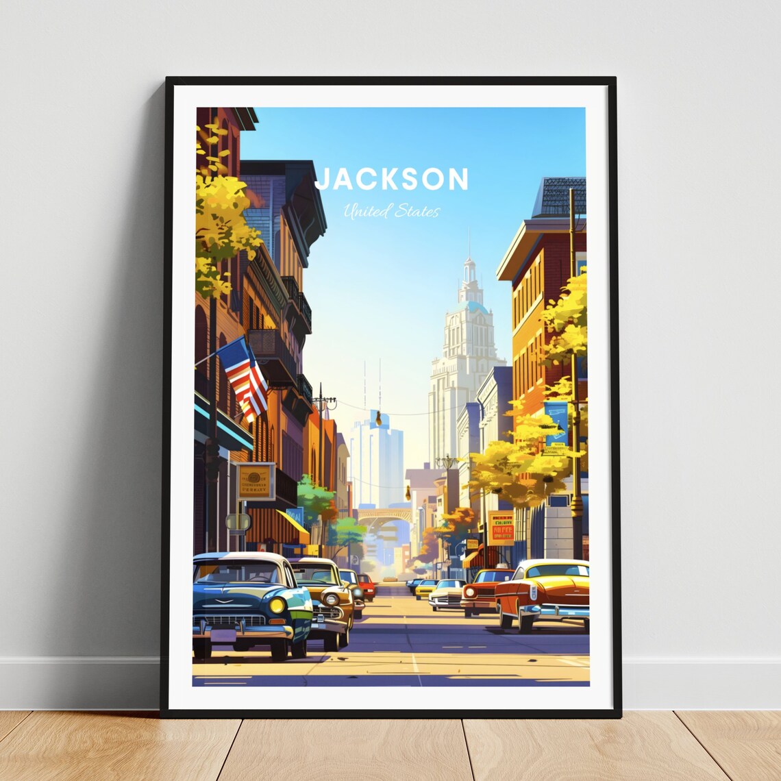 Jackson Classic Cars Street American Flag Skyline Travel Poster