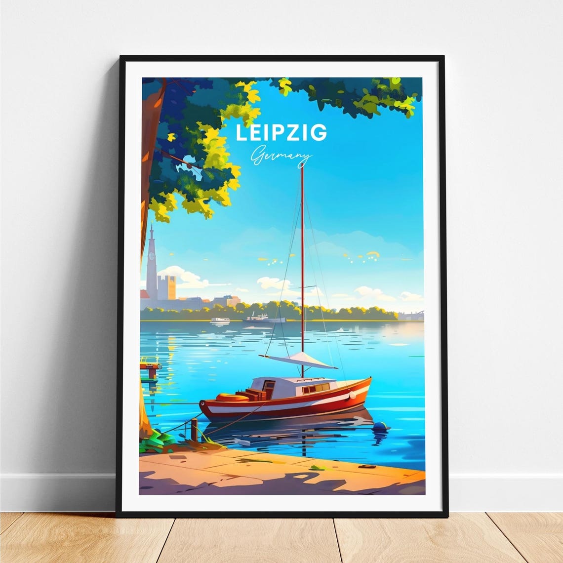 Leipzig Lakeside Sailboat Morning Skyline Germany Travel Poster