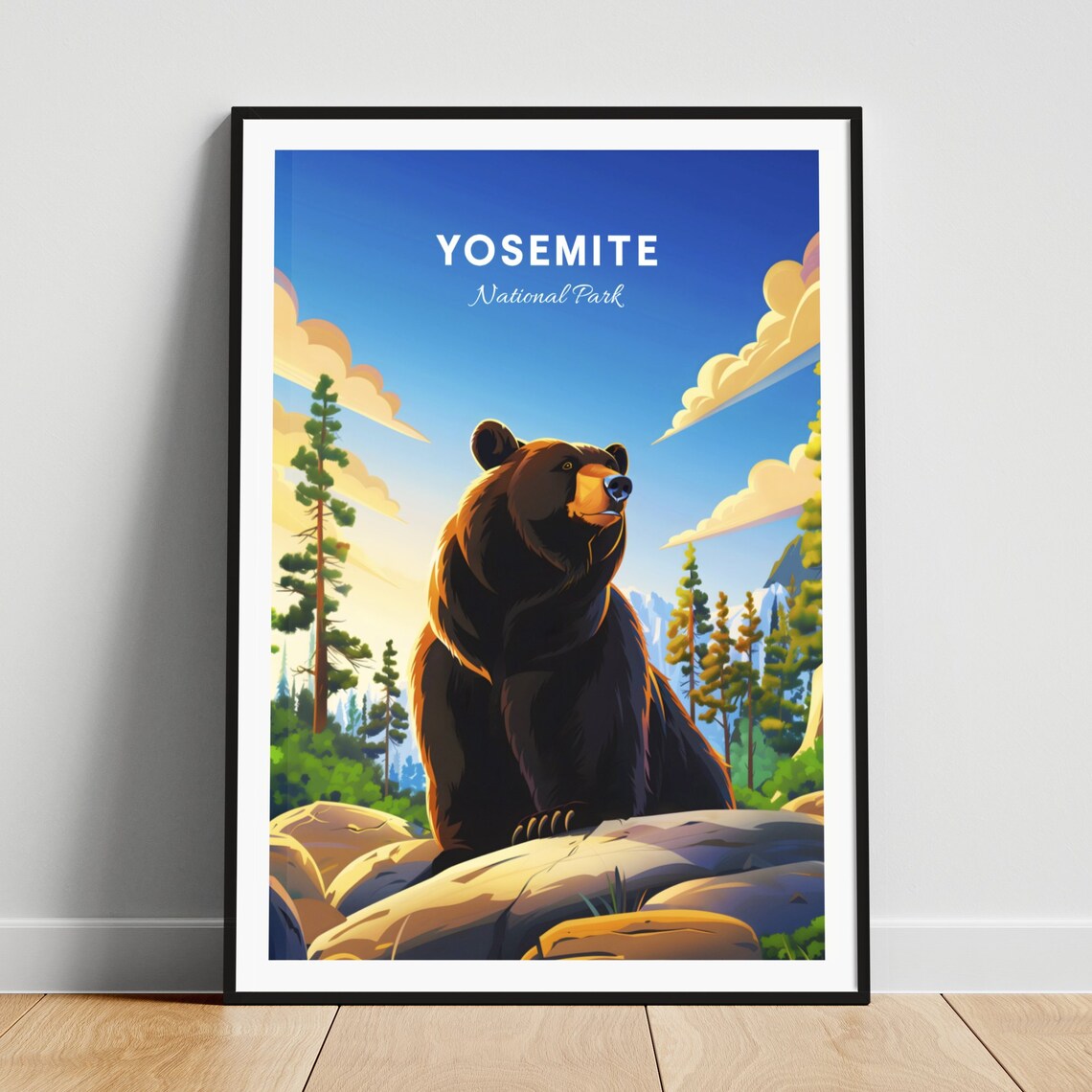 Yosemite National Park Black Bear Rocks Pines Morning Travel Poster