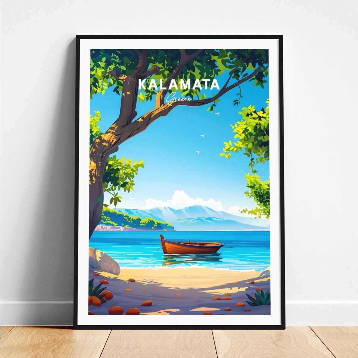 Kalamata Greece Sunny Beach Wooden Fishing Boat Travel Poster
