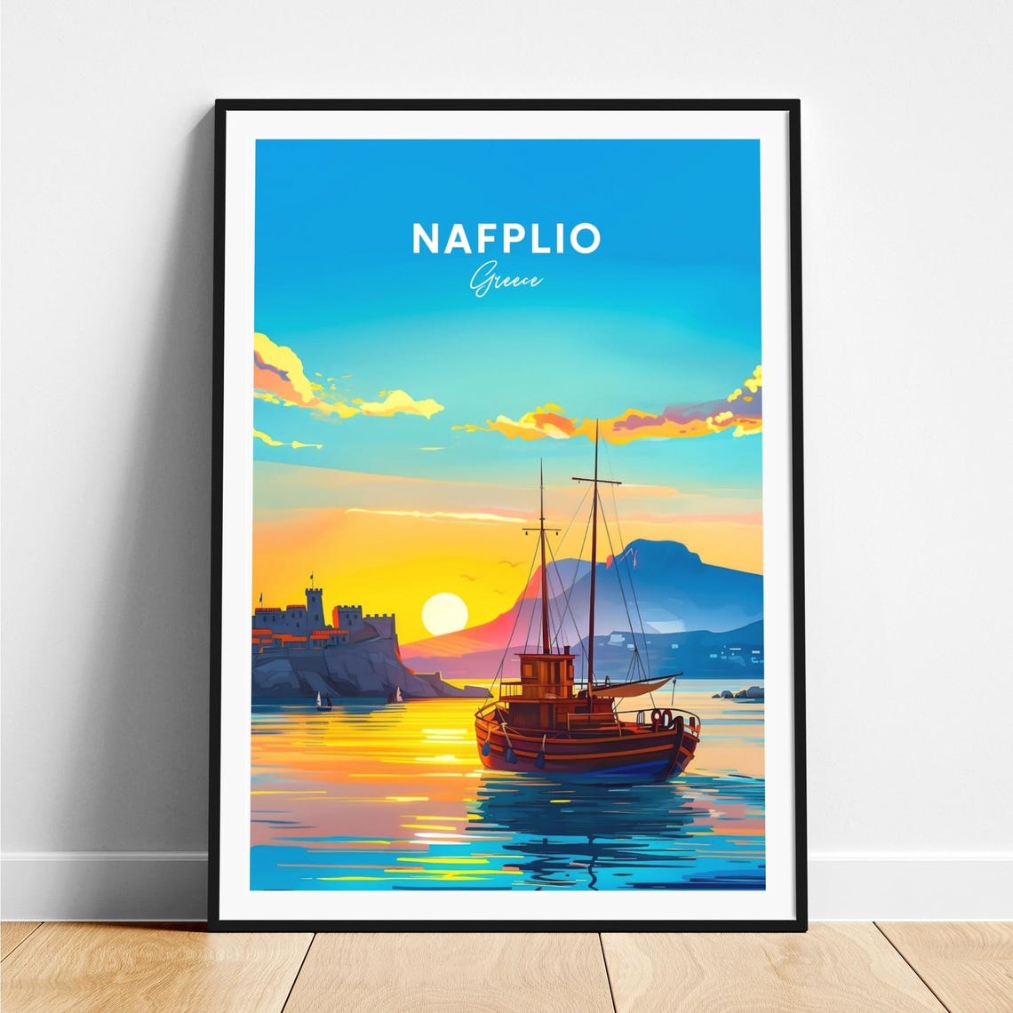 Nafplio Greece Golden Sunset Tall Ship Castle Coast Travel Poster