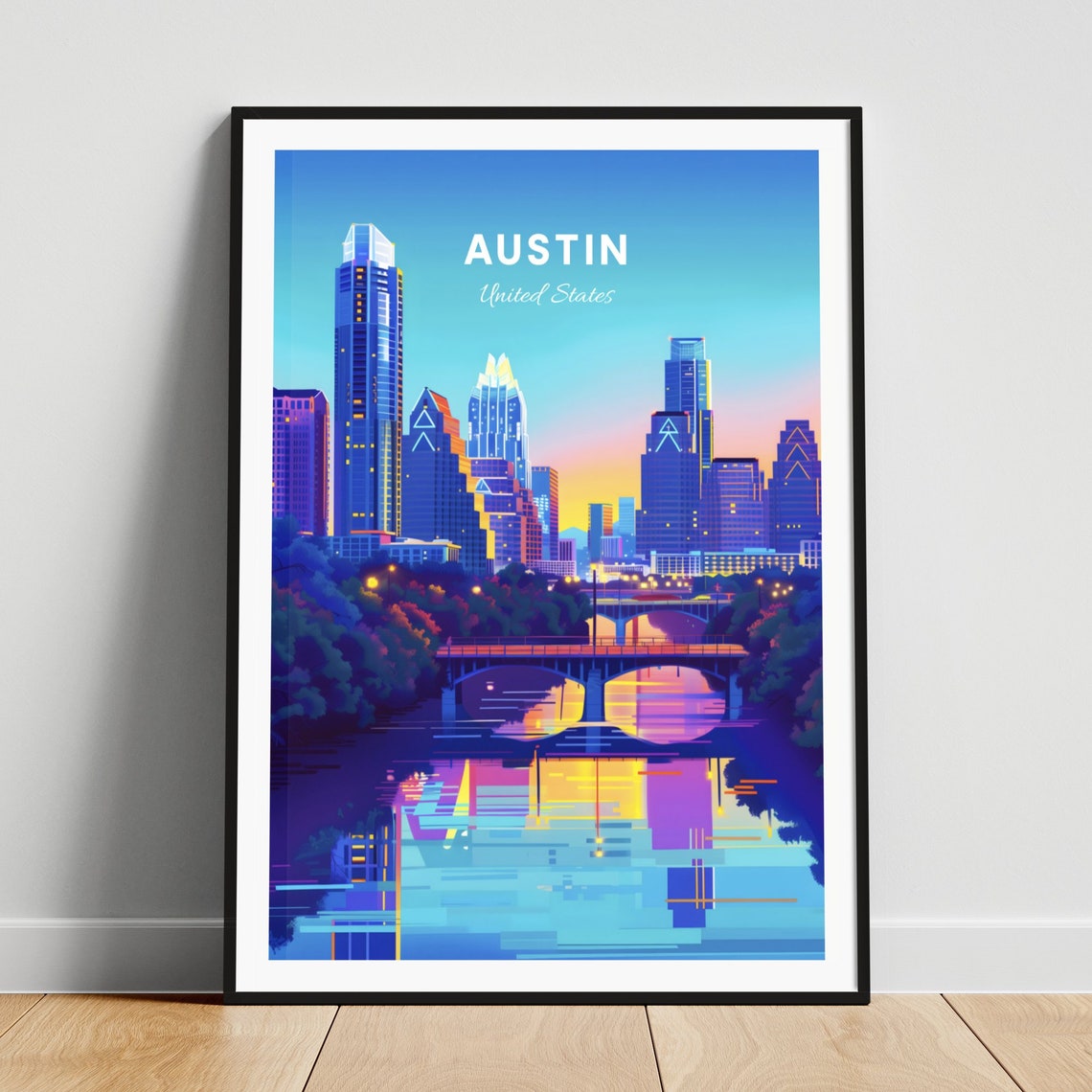 Austin Texas Downtown Skyline Sunset Bridge River Reflection Poster