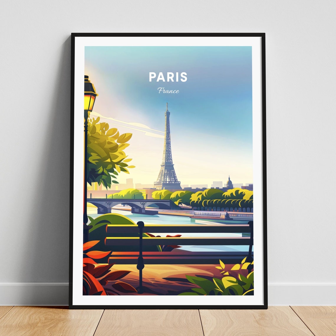 Paris France Eiffel Tower Riverside Park Bench View Travel Poster