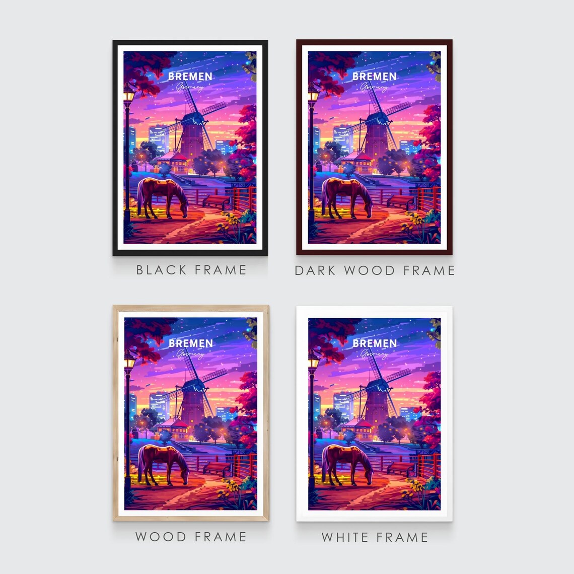 Bremen Germany Windmill Sunset Horse Neon Sky City Travel Poster - Image 3