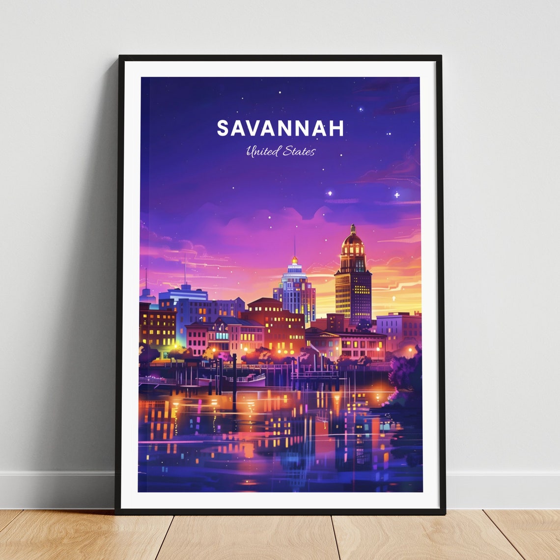Savannah Night Riverfront Skyline Starry Purple Sky Travel Poster