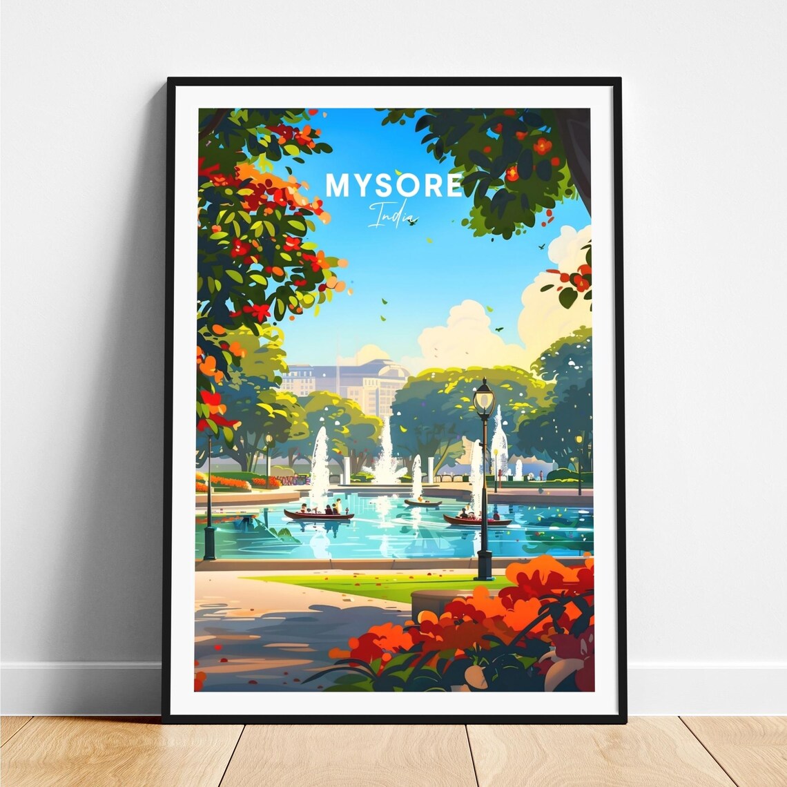 Mysore Garden Fountains Boating Lake Flowers India Travel Poster