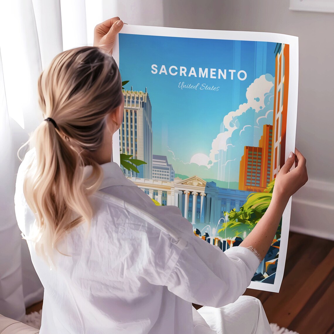 Sacramento City Hall Fountain Skyscrapers Daytime View Poster - Image 3