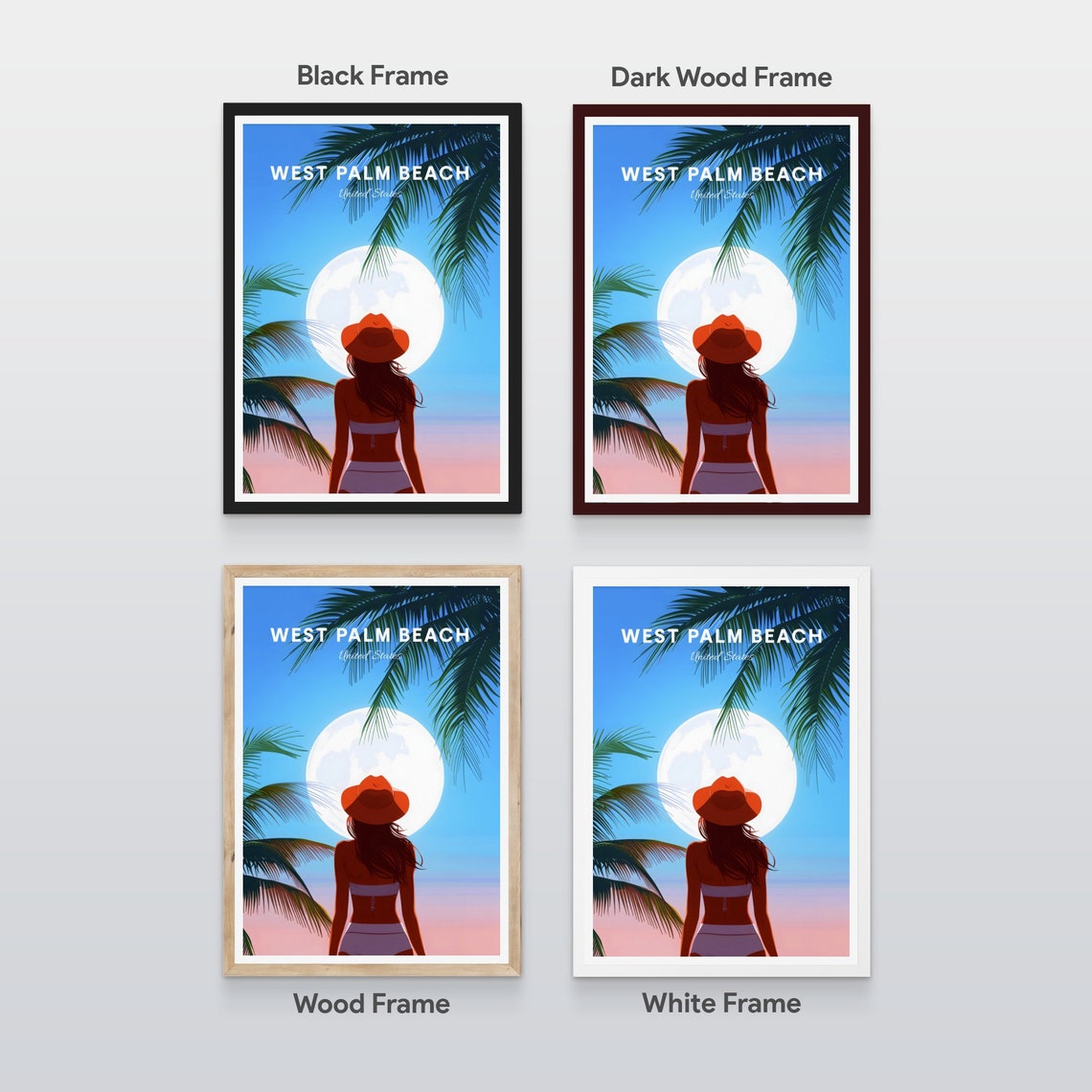 West Palm Beach Florida Woman Red Hat Moonlit Palm Travel Poster - Image 2