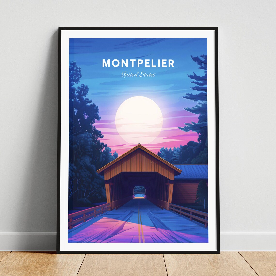 Montpelier Vermont Covered Bridge Moonrise Dusk Purple Travel Poster