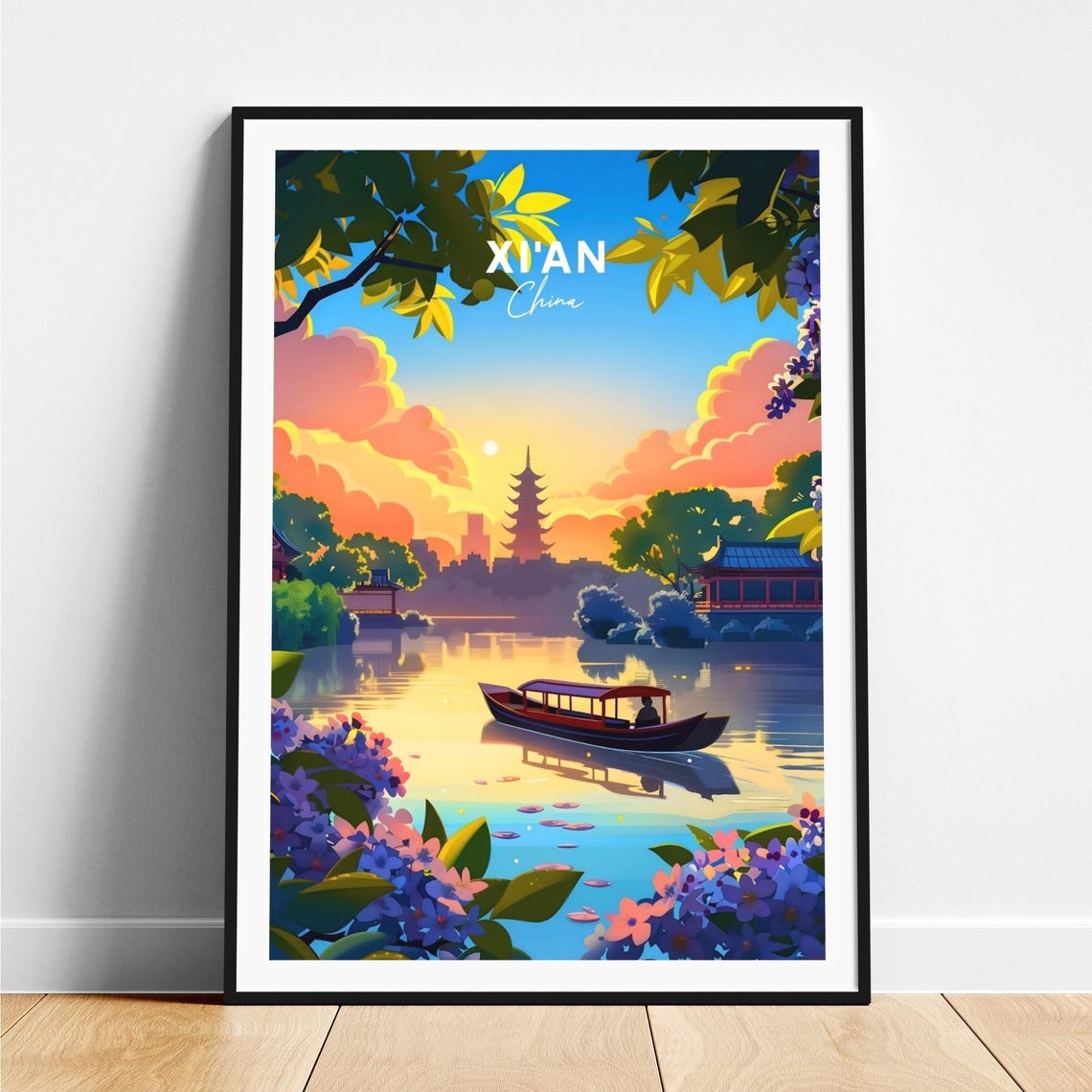 Xian China Sunrise Lake Boat Pagoda Blossom View Scenic Poster