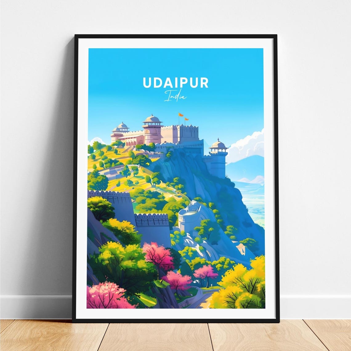 Udaipur Hilltop Fortress Blossoms Panoramic India Travel Poster