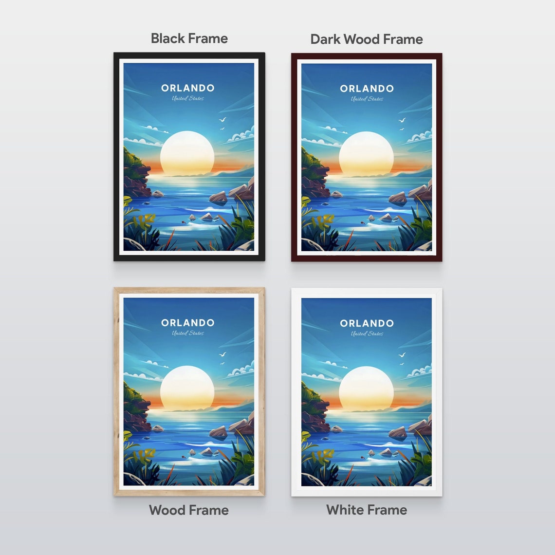 Orlando Florida Ocean Sunrise Waves Rocky Coast Vintage Travel Poster - Image 2