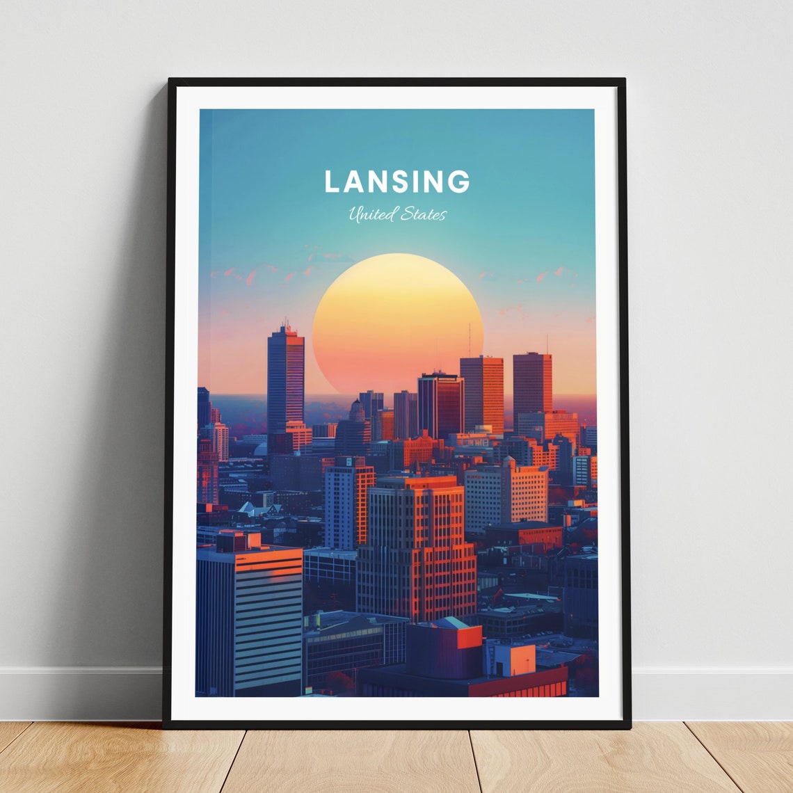 Lansing United States Skyline Silhouetted by a Giant Sun Poster
