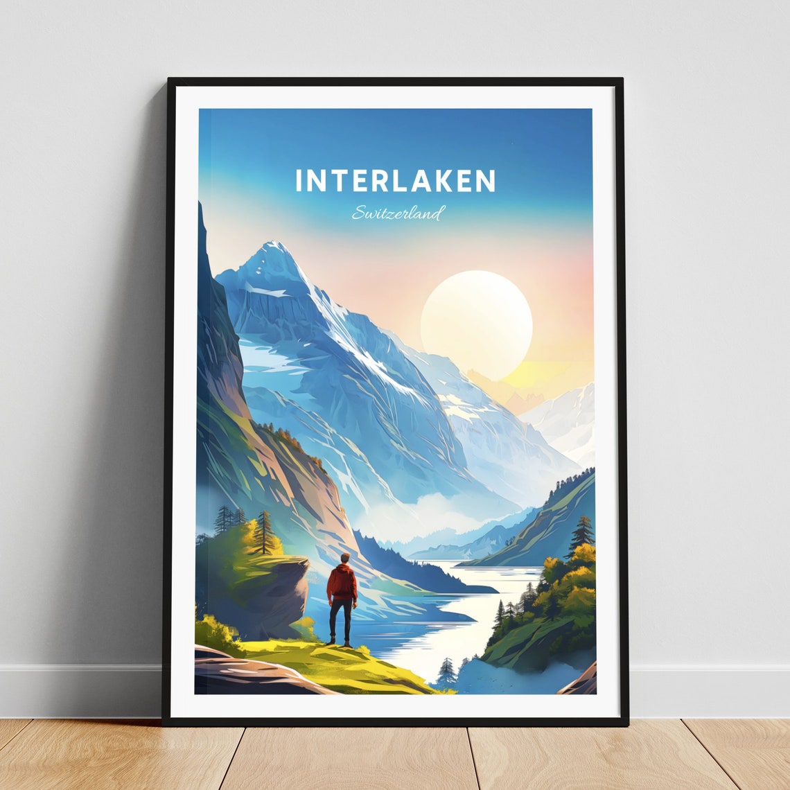 Interlaken Switzerland Hiker Alpine Lake Sunrise View Poster