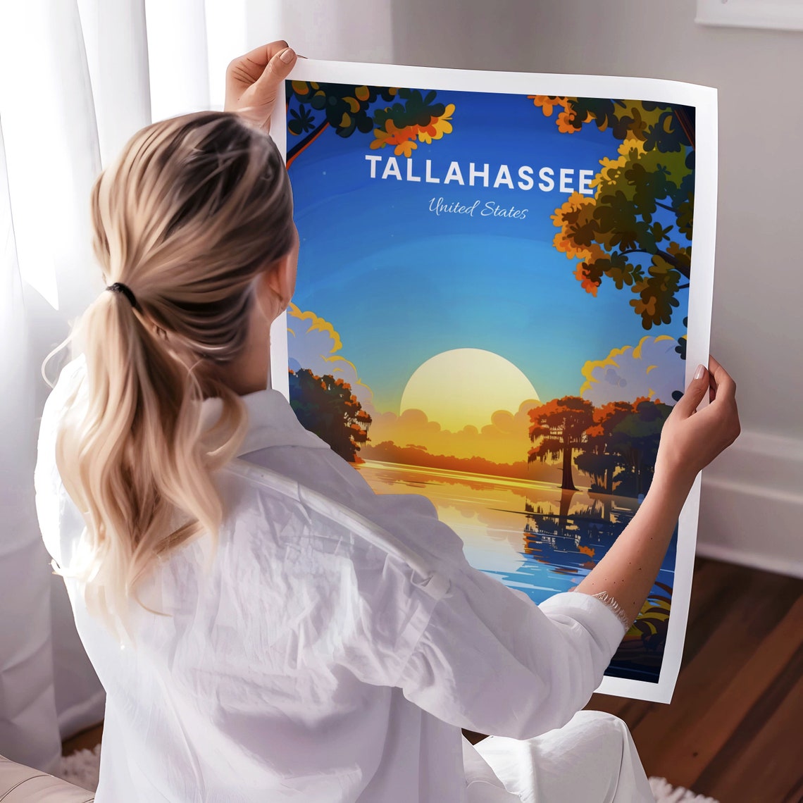 Tallahassee Florida Calm Lake Sunset Cypress Trees Scene Poster - Image 3