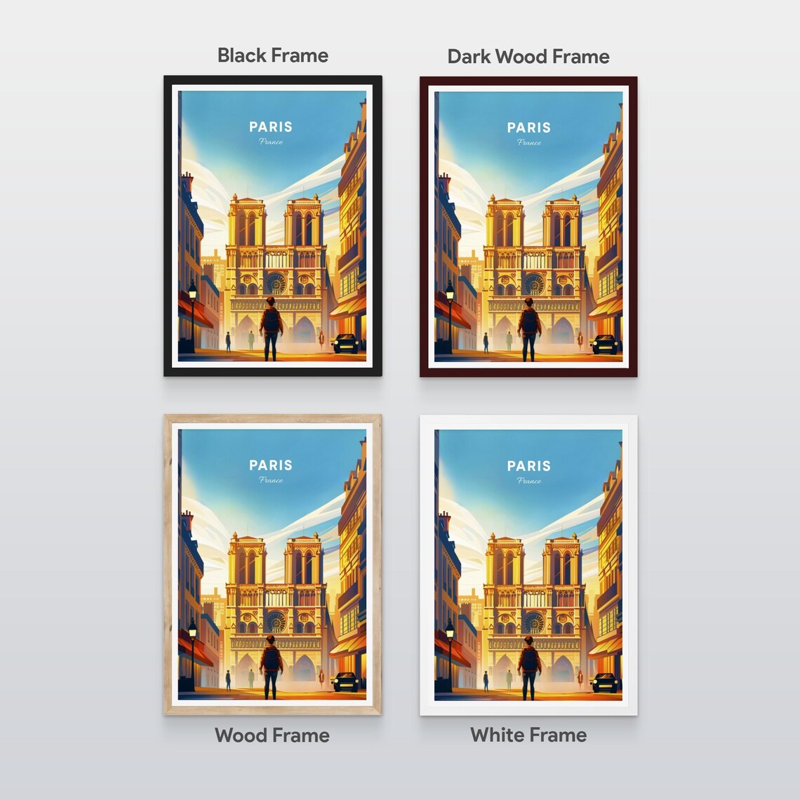 Paris France Notre Dame Cathedral Sunset Street Scene Travel Poster - Image 2