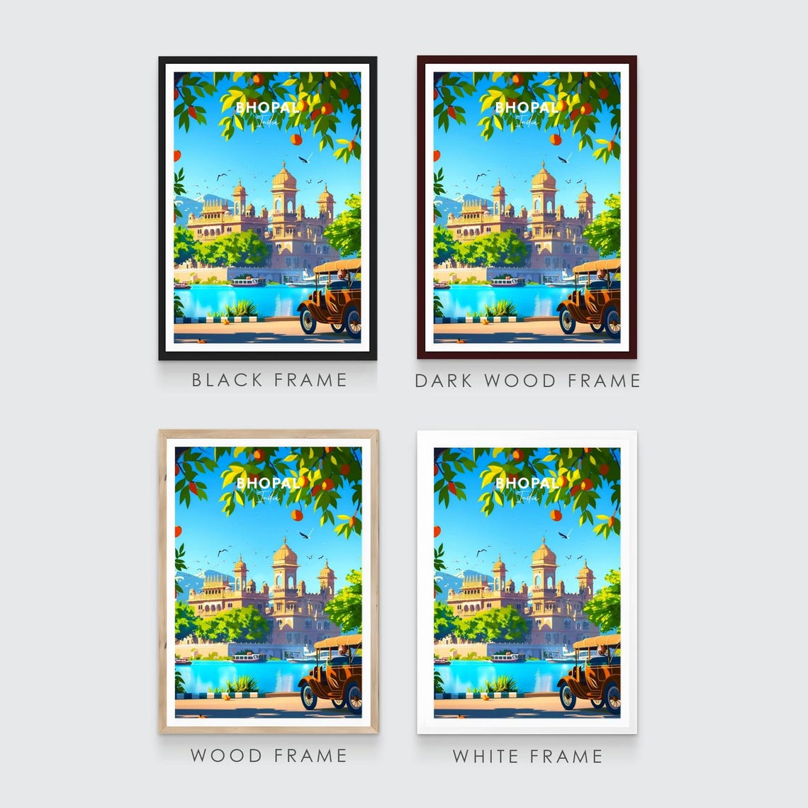 Bhopal Lakeside Palace Boats Vintage Car India Travel Poster - Image 3
