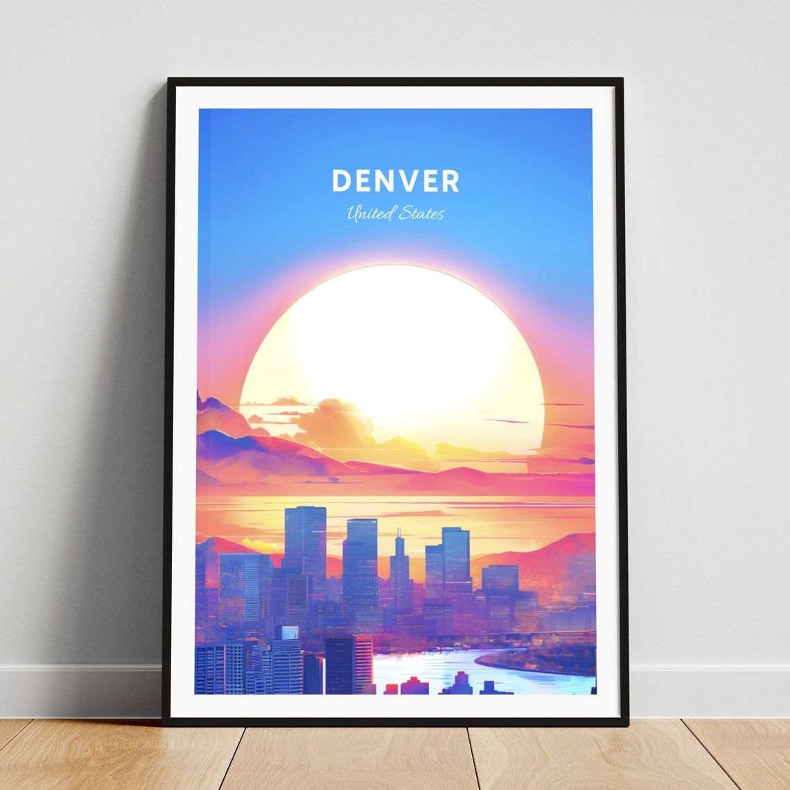Denver Colorado Skyline Sunset With Mountains And River Travel Poster