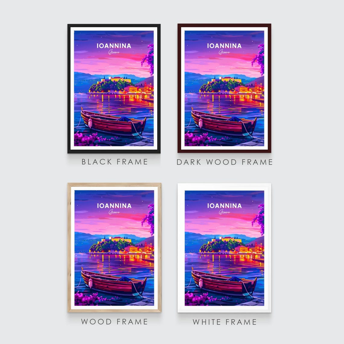 Ioannina Greece Castle Town Night Lake Boat Travel Art Poster - Image 3
