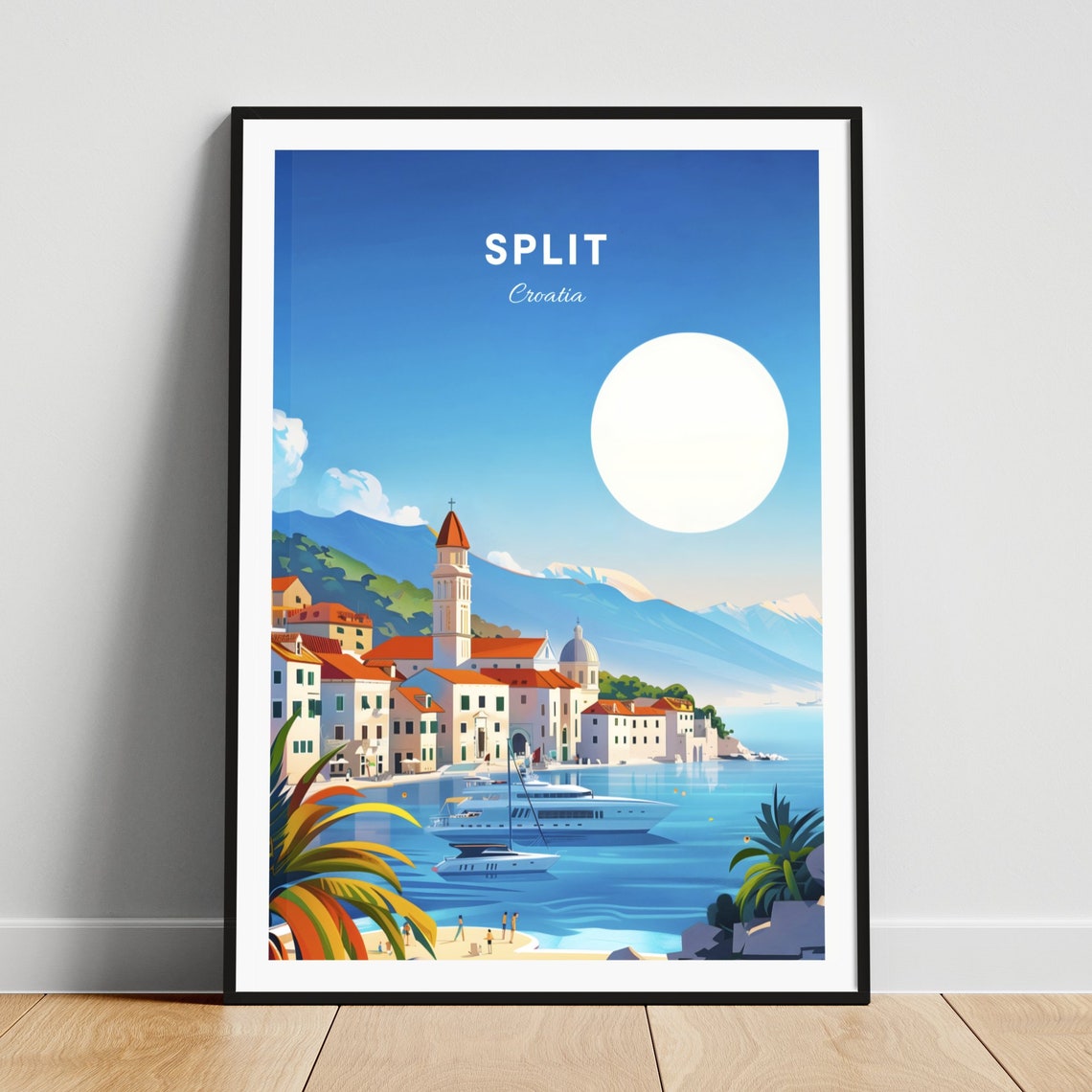 Split Croatia Waterfront Old Town Bell Tower Vintage Yacht Poster