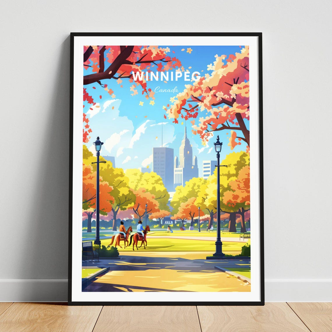 Winnipeg Autumn Park with Horse Riders and the City Skyline Poster