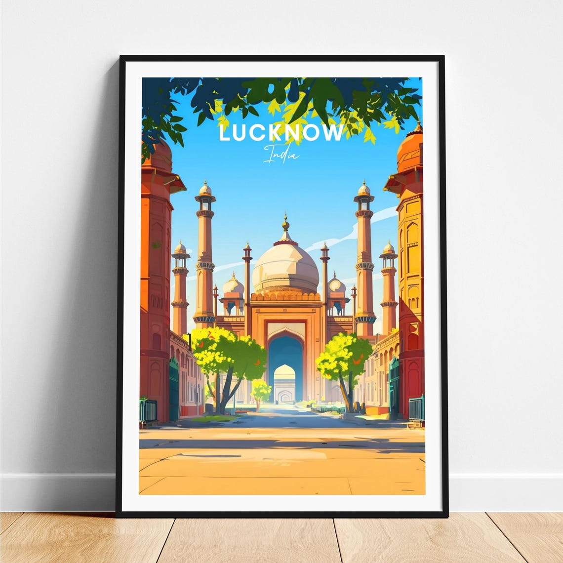 Lucknow India Grand Mosque with Tall Minarets and Gateway Poster