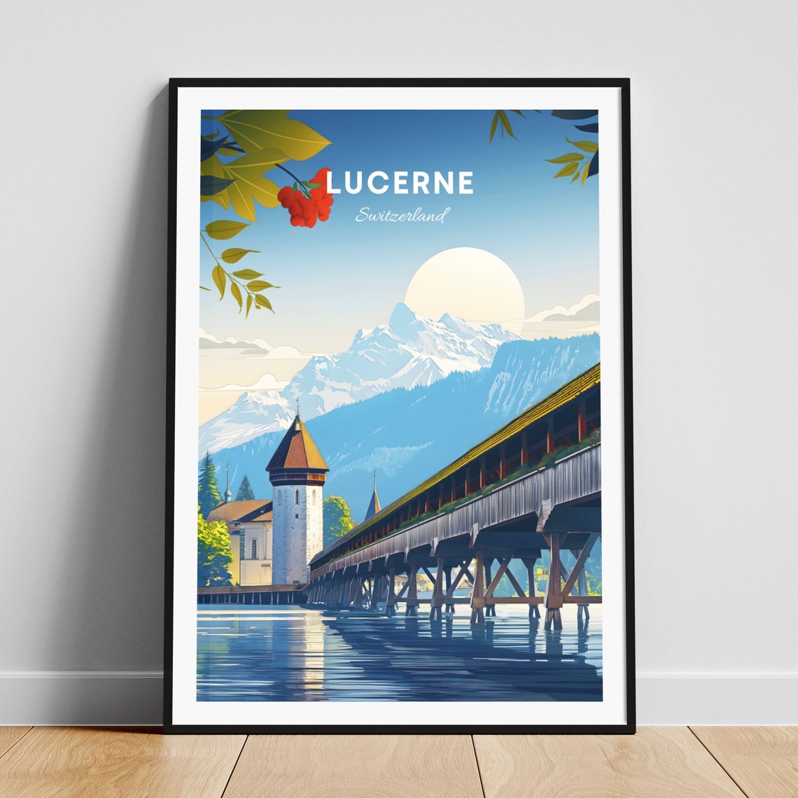 Lucerne Switzerland Chapel Bridge with Snowy Mountain View Poster