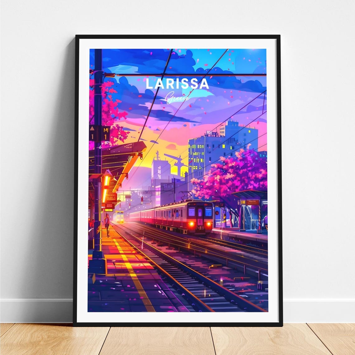Larissa Greece Sunset Train Station Neon Evening Travel Poster