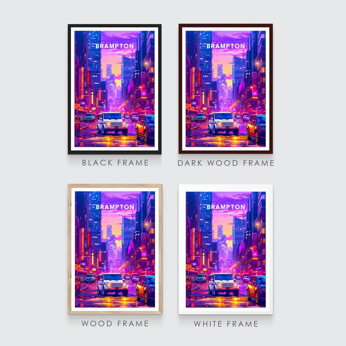 Brampton Canada Neon Downtown Night Street Traffic Scene Poster - Image 3