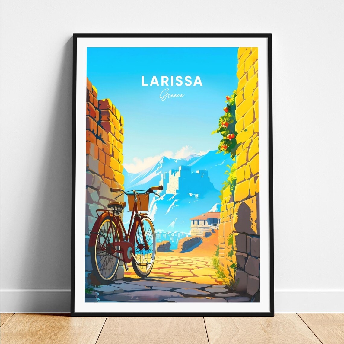 Larissa Greece Stone Archway Bicycle and Mountain Town Travel Poster