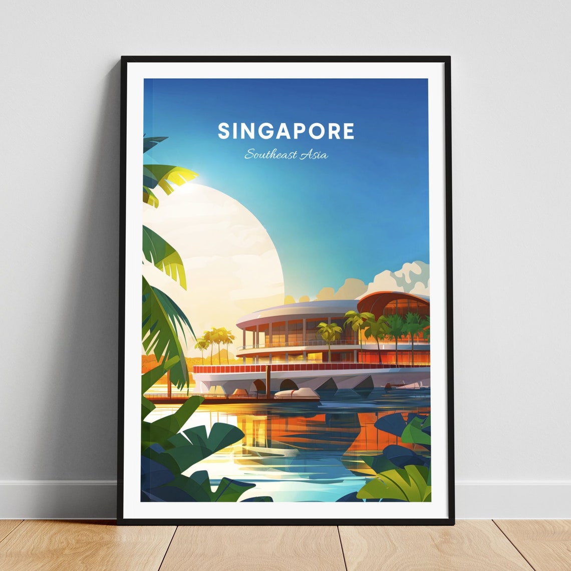 Singapore Marina Waterfront Pavilion Sunrise Reflection Travel Poster