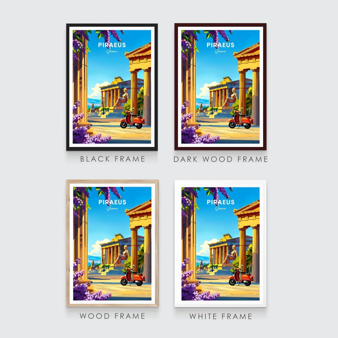 Piraeus Greece Ancient Columns Statue Vespa Spring Travel Poster - Image 3