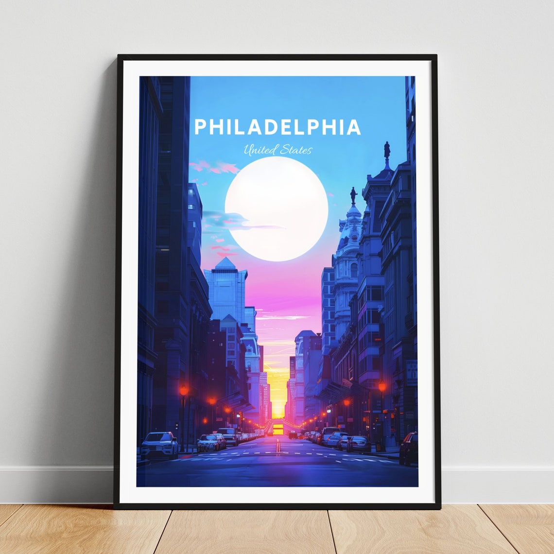 Philadelphia Pennsylvania City Street Twilight Moon Travel Poster