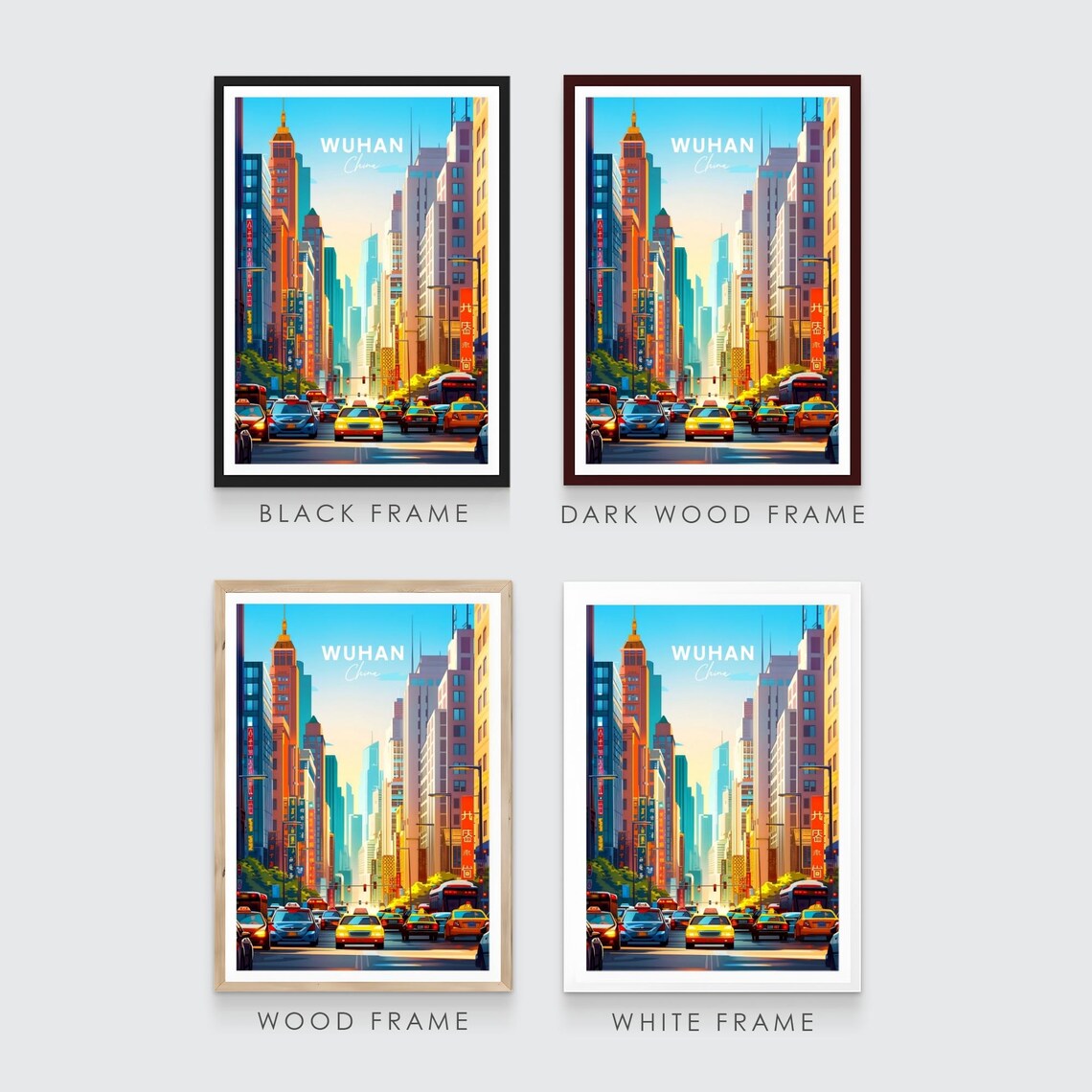 Wuhan China Downtown City Street Yellow Taxis Skyline Poster - Image 3