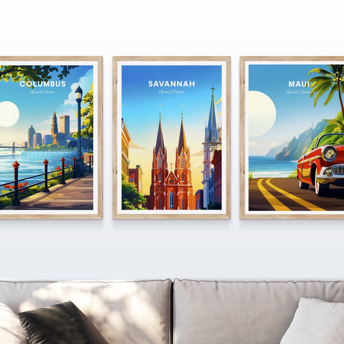 Savannah Twin Spire Cathedral Sunny Street Vintage Travel Poster - Image 4
