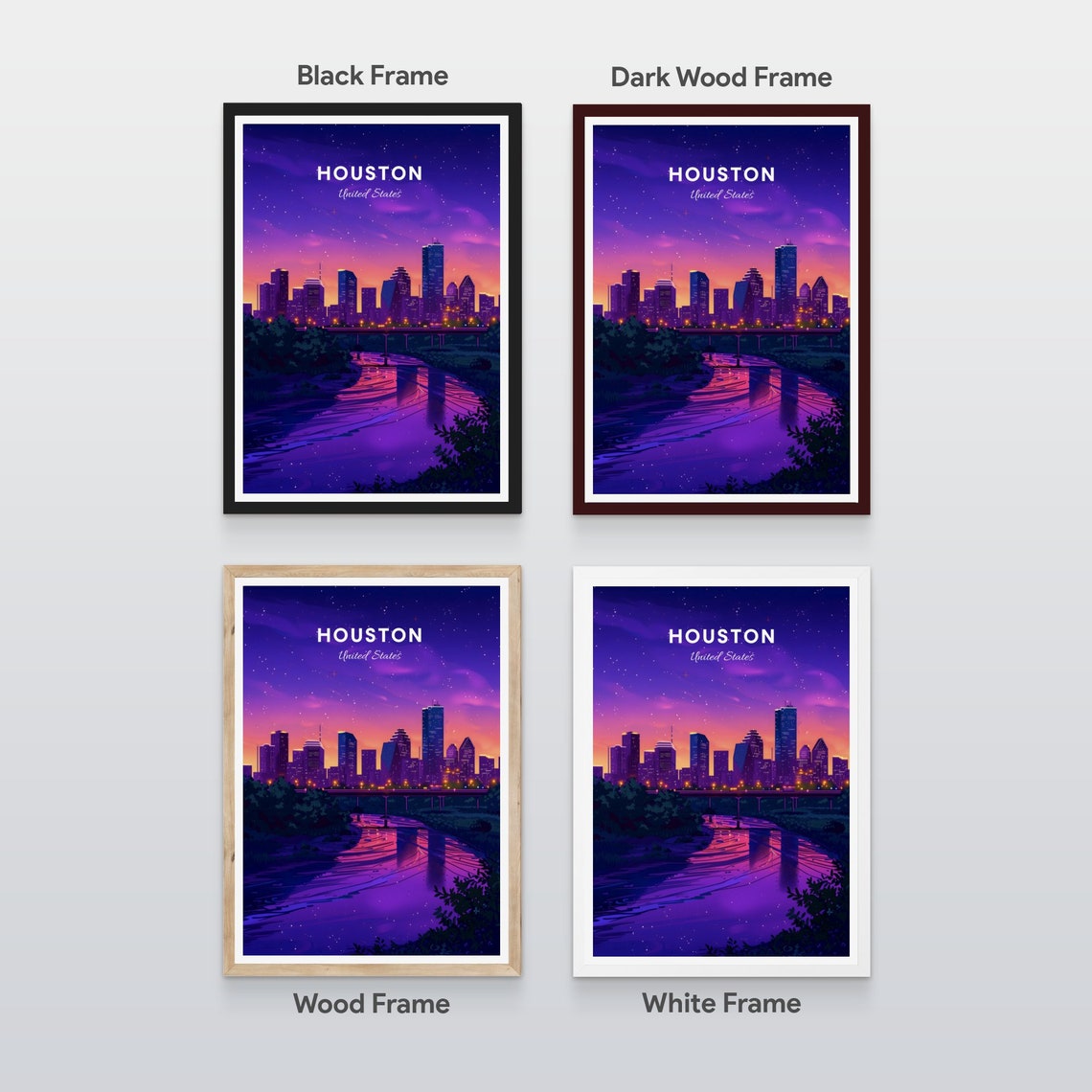 Houston Night Skyline Over the River Under Starry Skies Poster - Image 2
