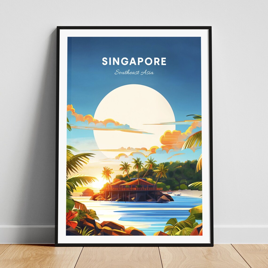 Singapore Southeast Asia Stilt House Over Sea Sunset Travel Poster