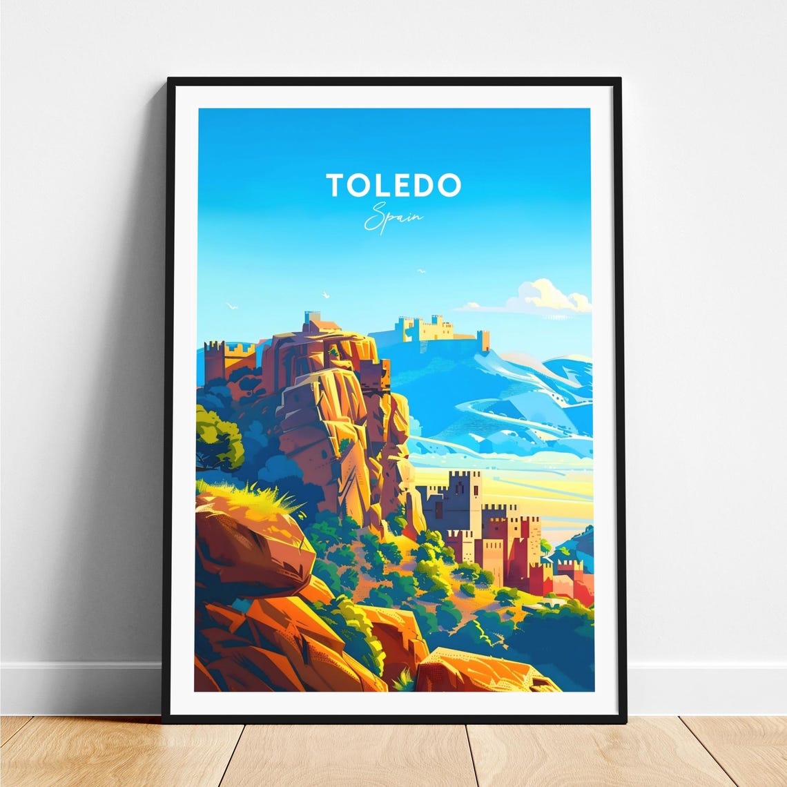 Toledo Hilltop Castle Fortress Rocky Cliffs Old Walls Travel Poster