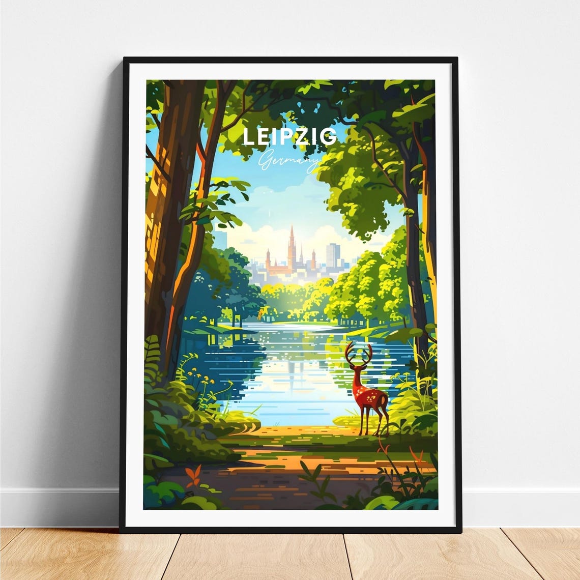 Leipzig Germany Forest Lake Deer City Skyline View Art Poster