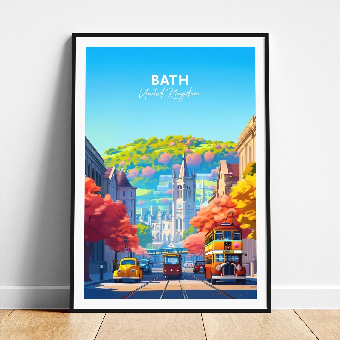 Bath England Vintage Car Tram Street Autumn Scene Travel Poster