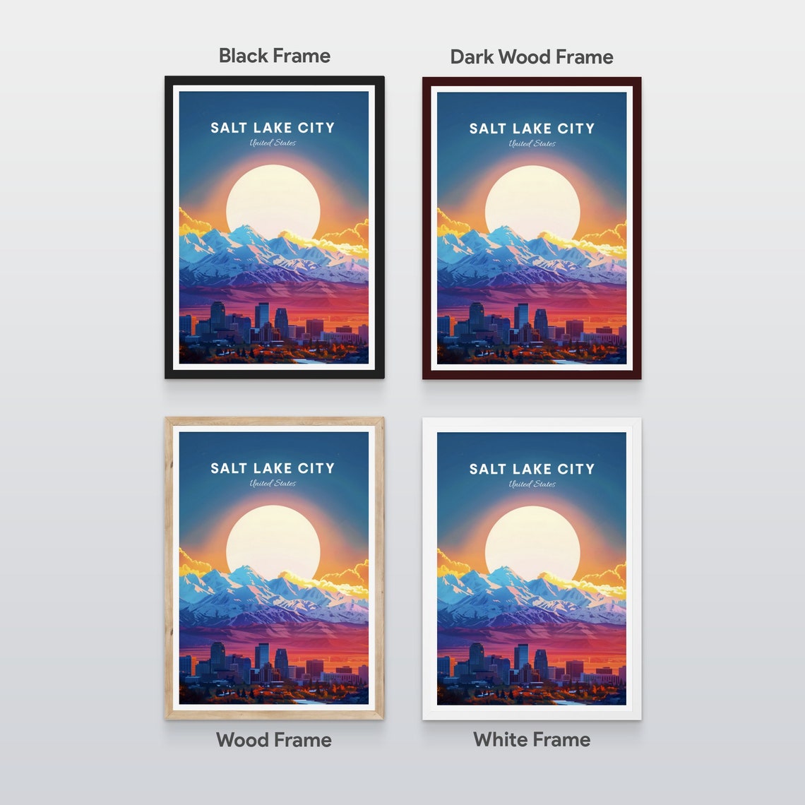 Salt Lake City Utah Skyline with Snowy Mountains at Sunset Poster - Image 2
