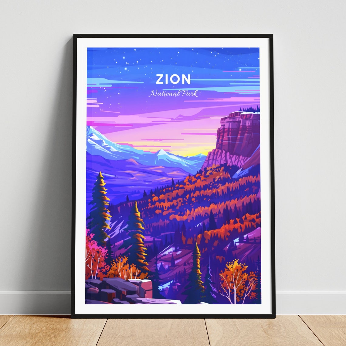 Zion National Park Starry Night Purple Mountains Forest Poster Art