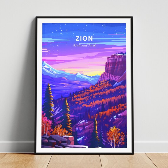 Zion National Park Starry Night Purple Mountains Forest Poster Art