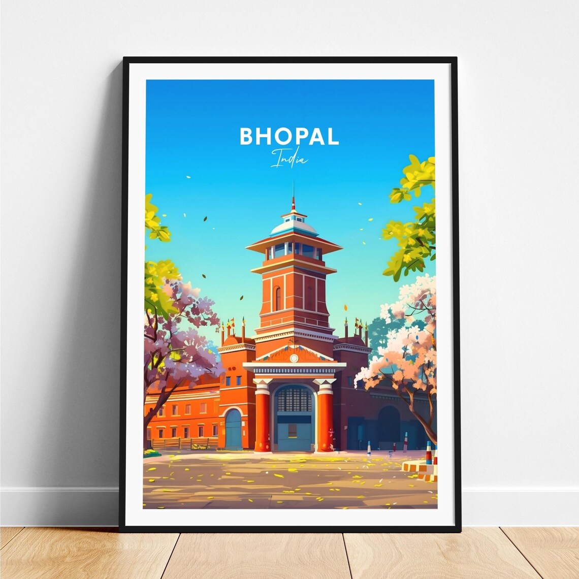 Bhopal Red Brick Heritage Tower Blossoms India Travel Poster