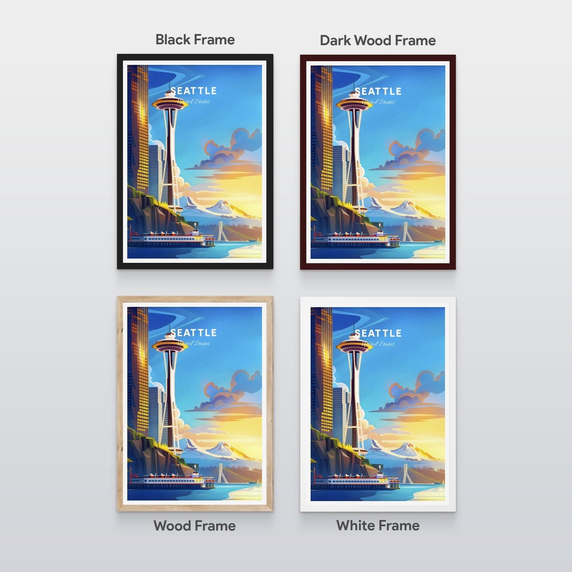 Seattle Space Needle Ferry Mount Rainier Sunset Vintage Travel Poster - Image 2